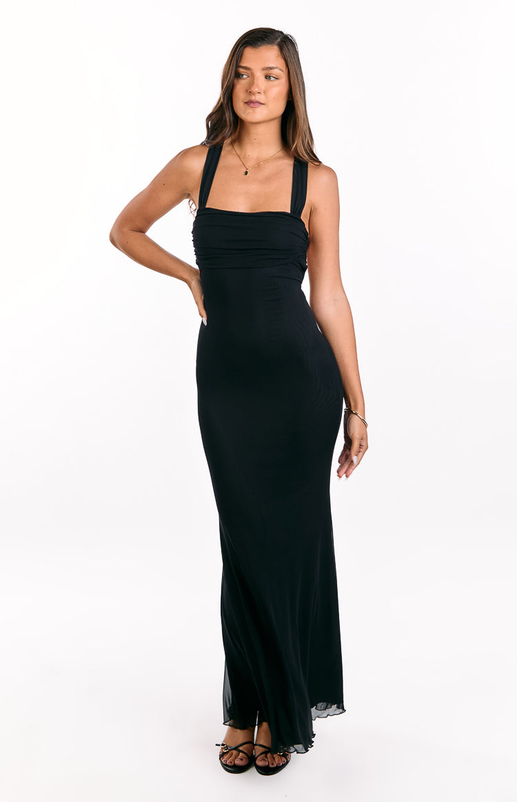 Amberley Black Mesh Formal Maxi Dress