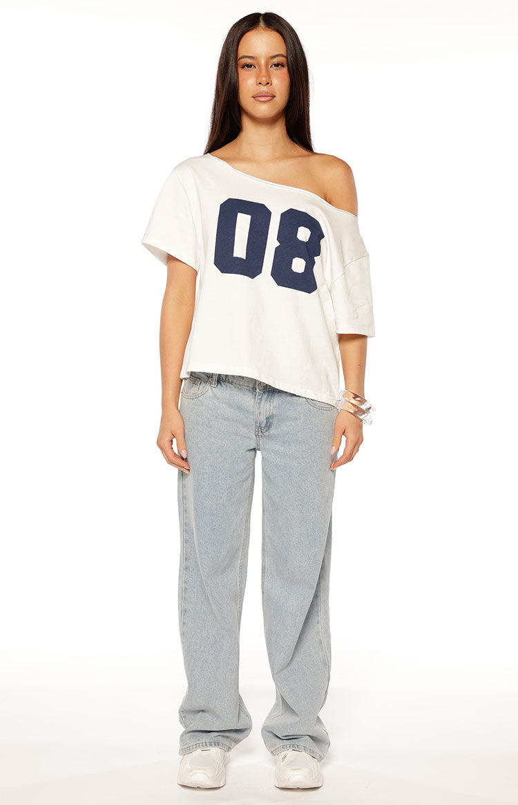 Amelie White Printed Off Shoulder Oversized Tee