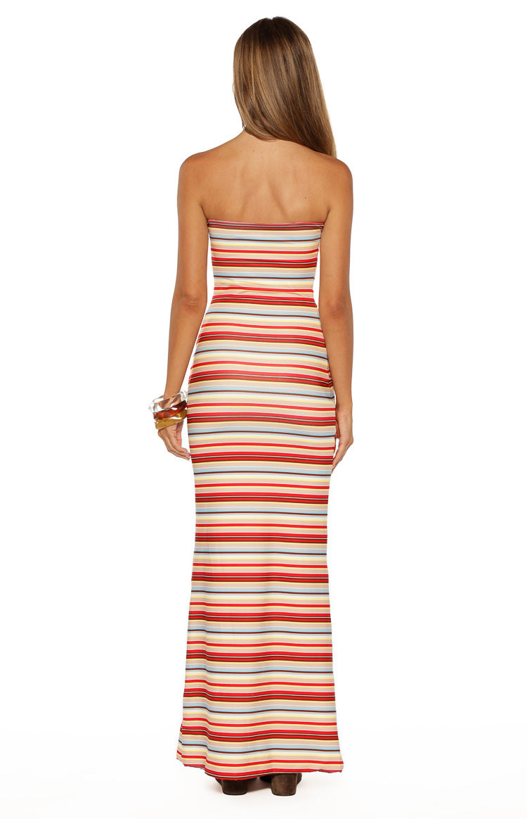 Azari Beige Multi Stripe Maxi Dress