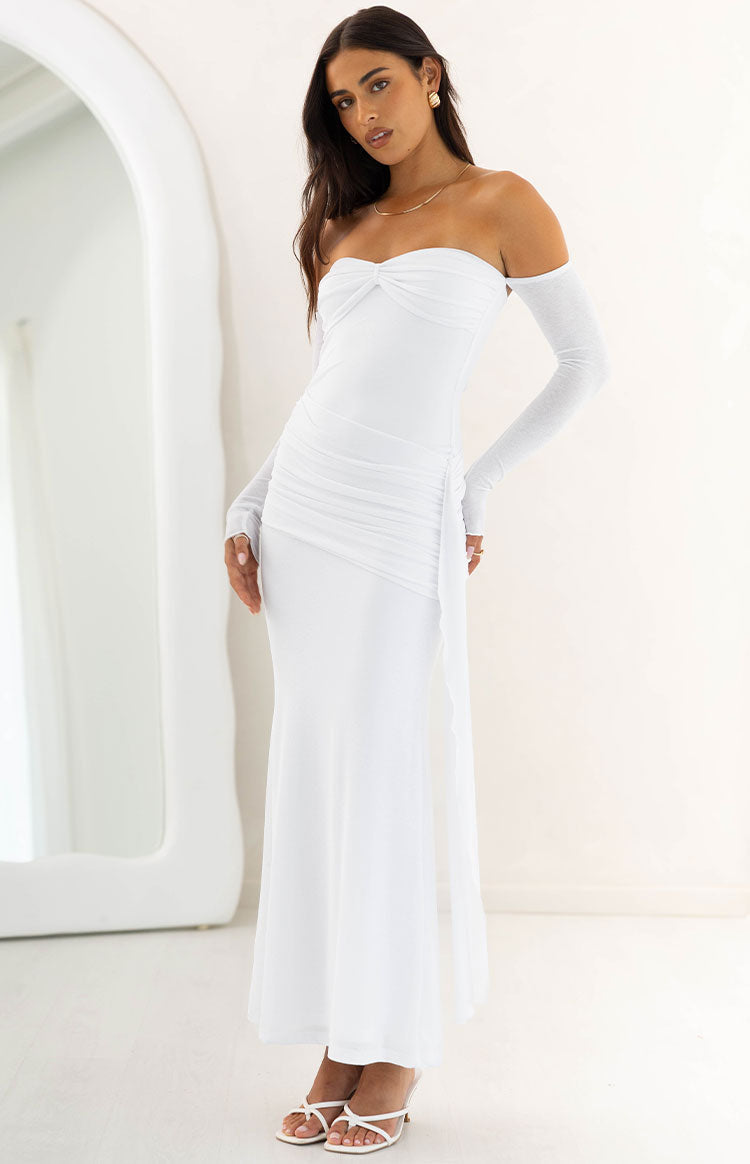 Breanna White Long Sleeve Ruched Maxi Dress