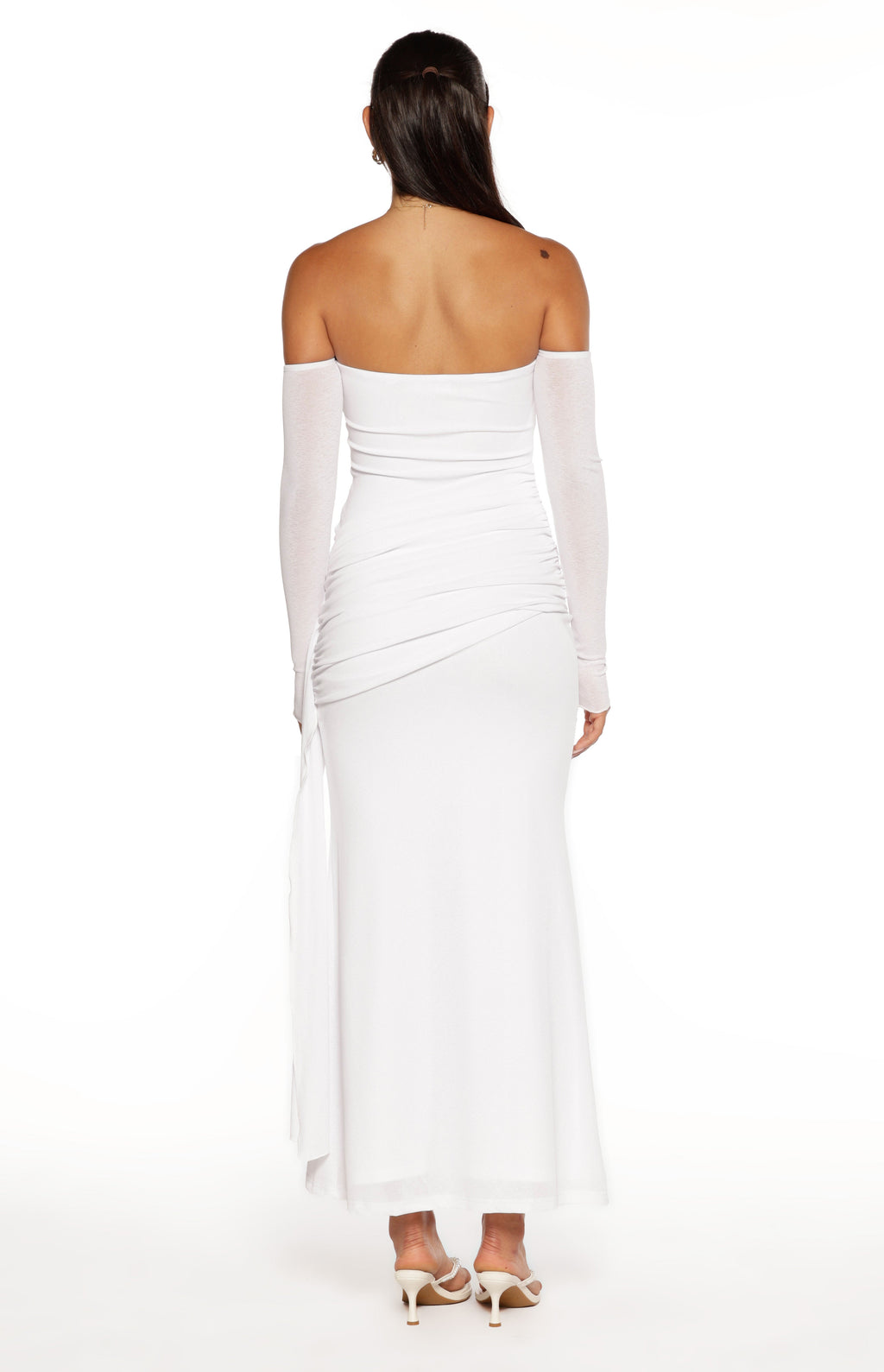 Breanna White Long Sleeve Ruched Maxi Dress