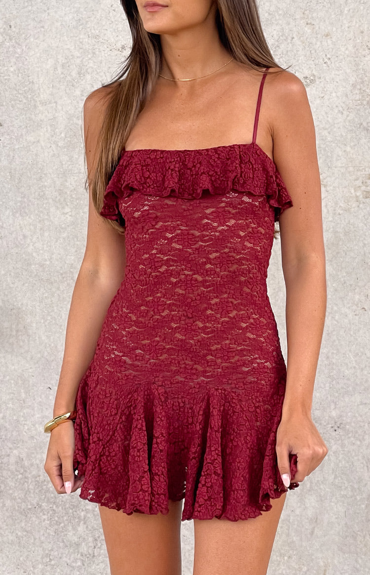 Celeste Wine Lace Party Mini Dress
