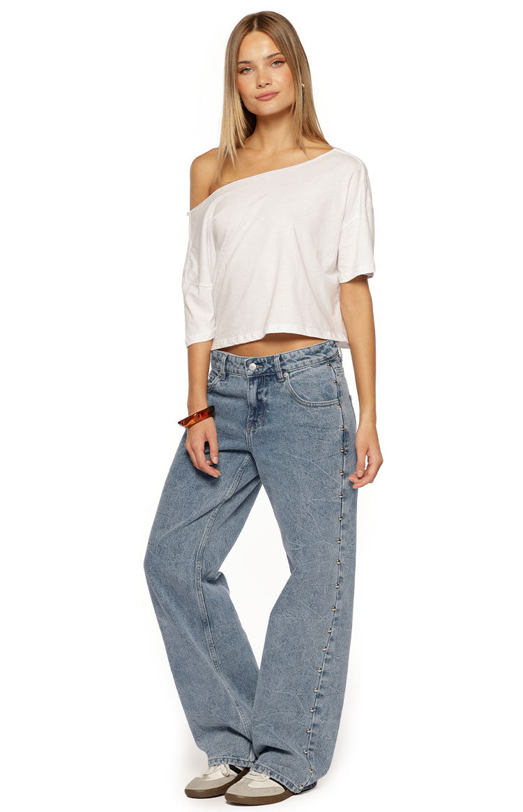Charli Mid Wash Denim Studded Low Waist Baggy Leg Jeans