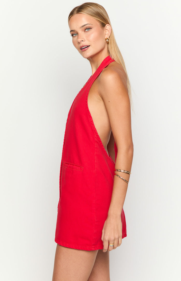 Corbin Red Denim Halter Neck Mini Dress