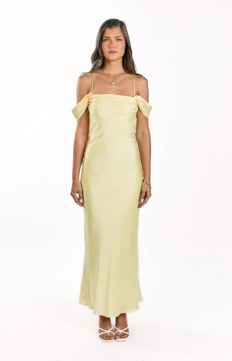Danni Light Yellow Tie Off Shoulder Formal Maxi Dress