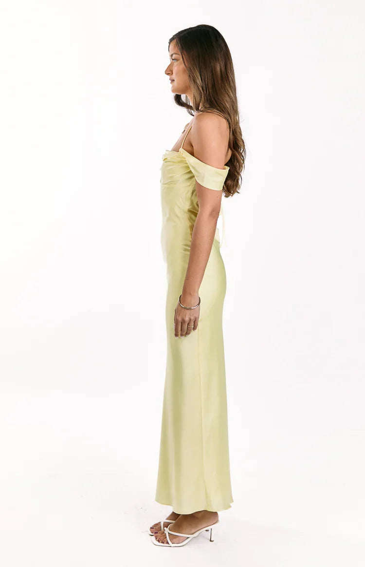 Danni Light Yellow Tie Off Shoulder Formal Maxi Dress