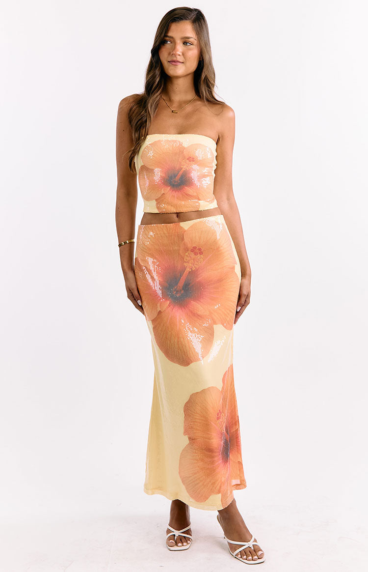 Denzel Yellow Floral Sequin Maxi Skirt