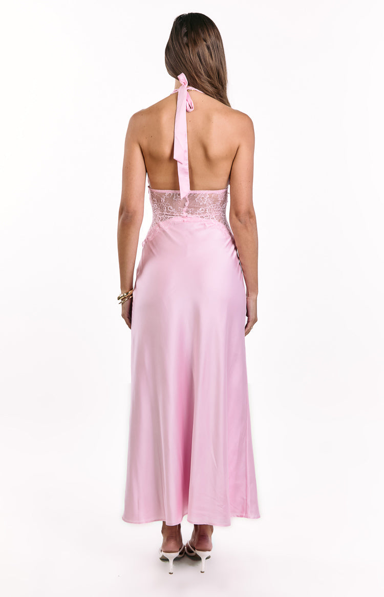 Divandi Pink Lace Halter Neck Formal Maxi Dress