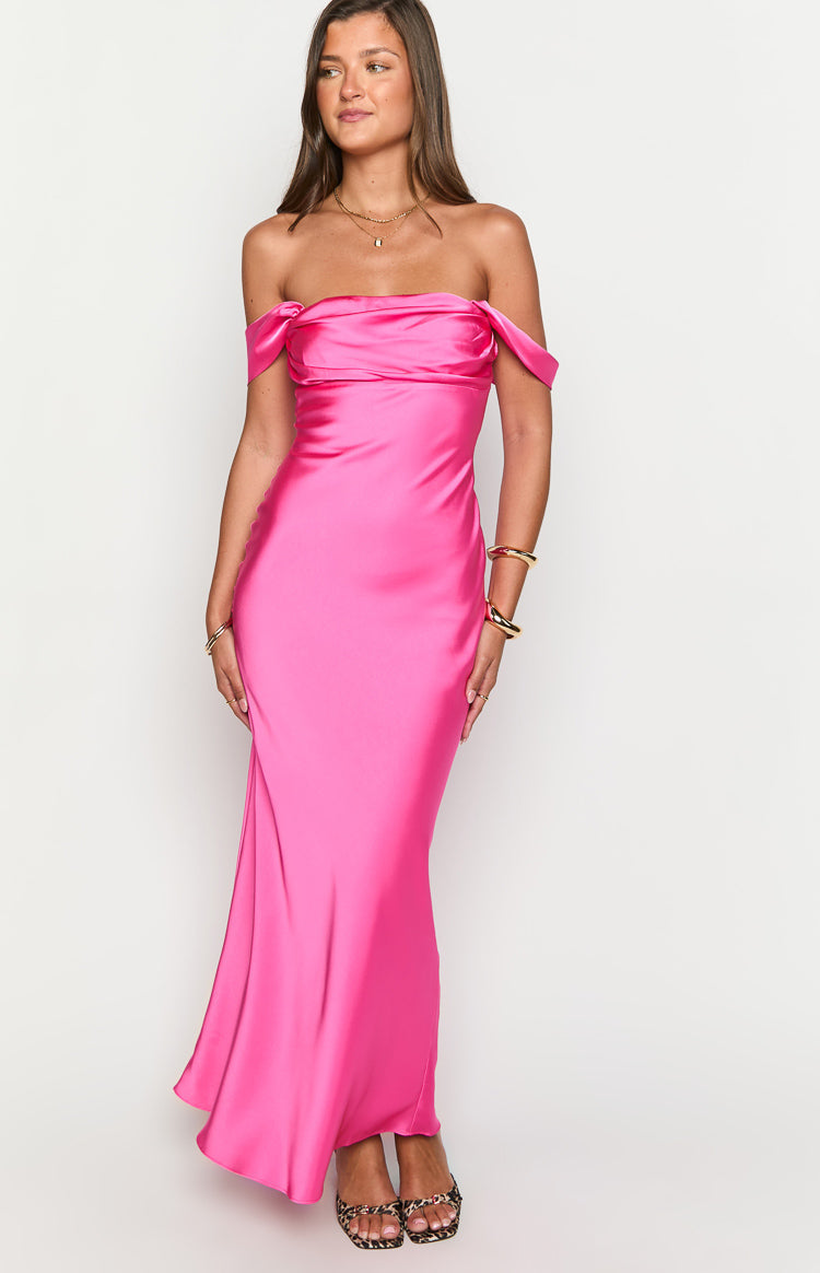 Ella Hot Pink Off Shoulder Formal Dress