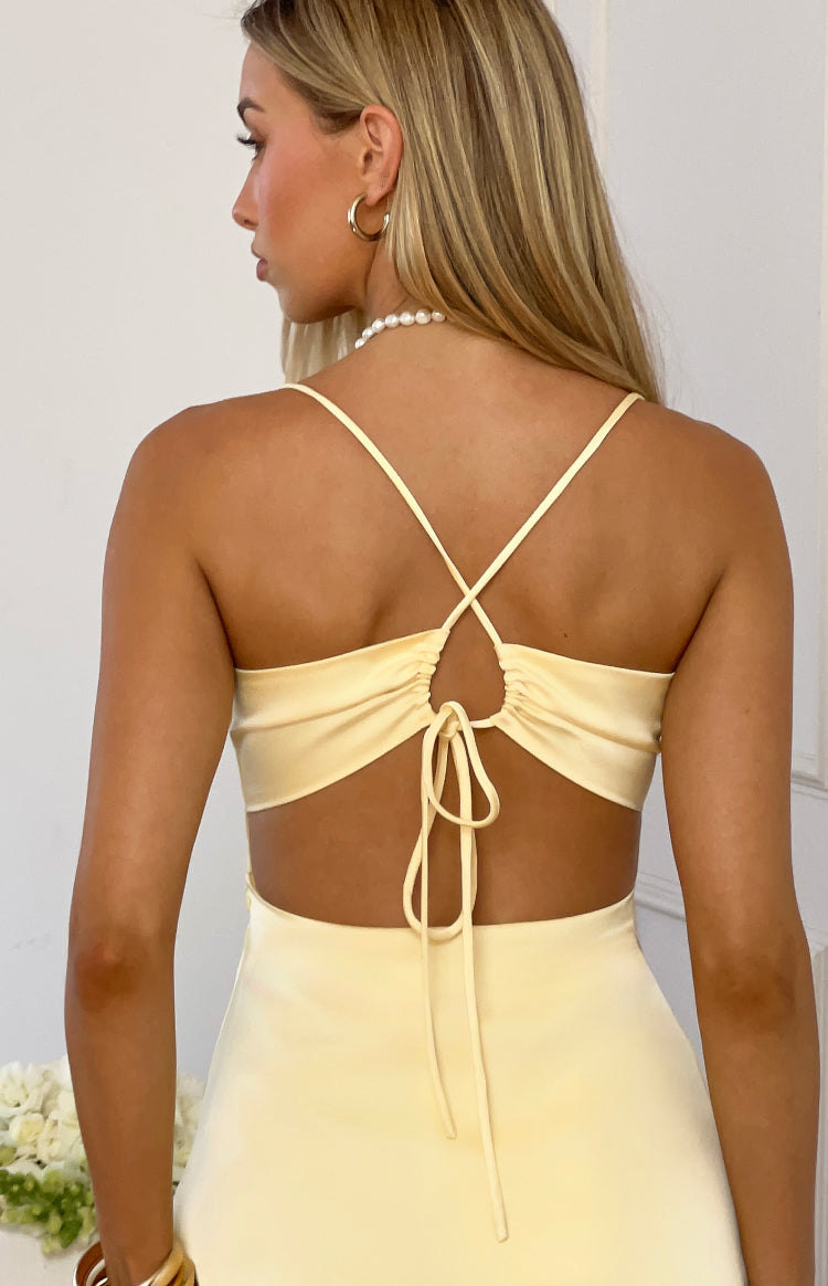 Flora Yellow Tie Satin Party Mini Dress
