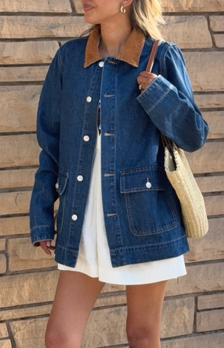 Hendrick Mid Wash Denim Cord Trim Oversized Jacket