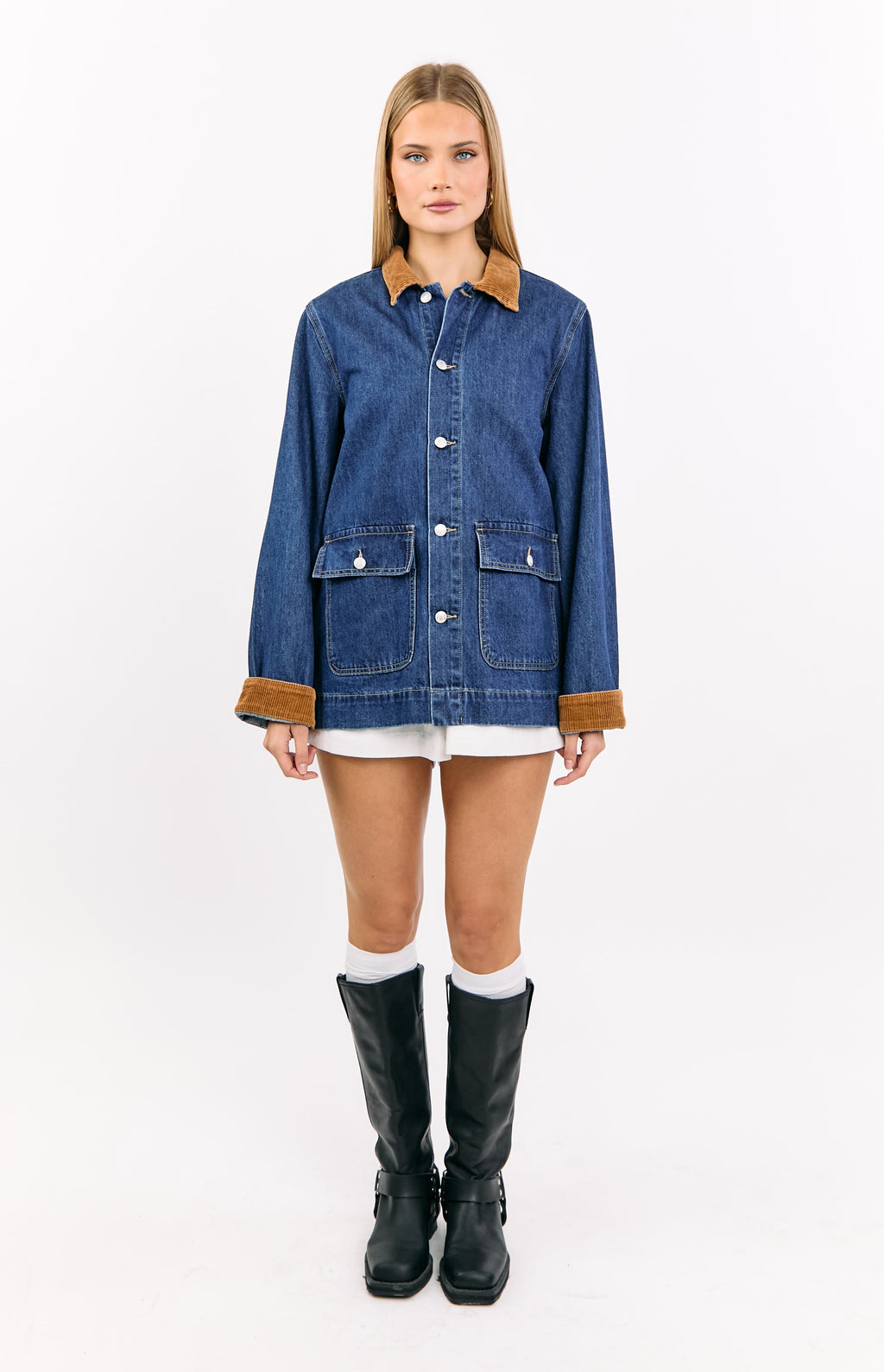 Hendrick Mid Wash Denim Cord Trim Oversized Jacket