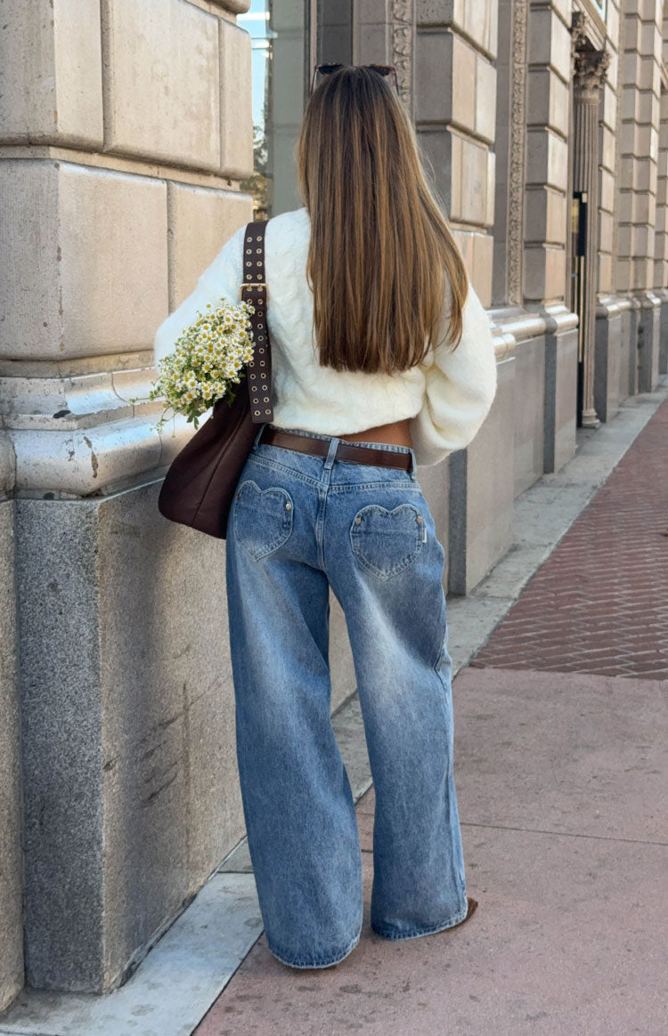Lovers Lane Mid Wash Denim Heart Pocket Slouchy Jeans