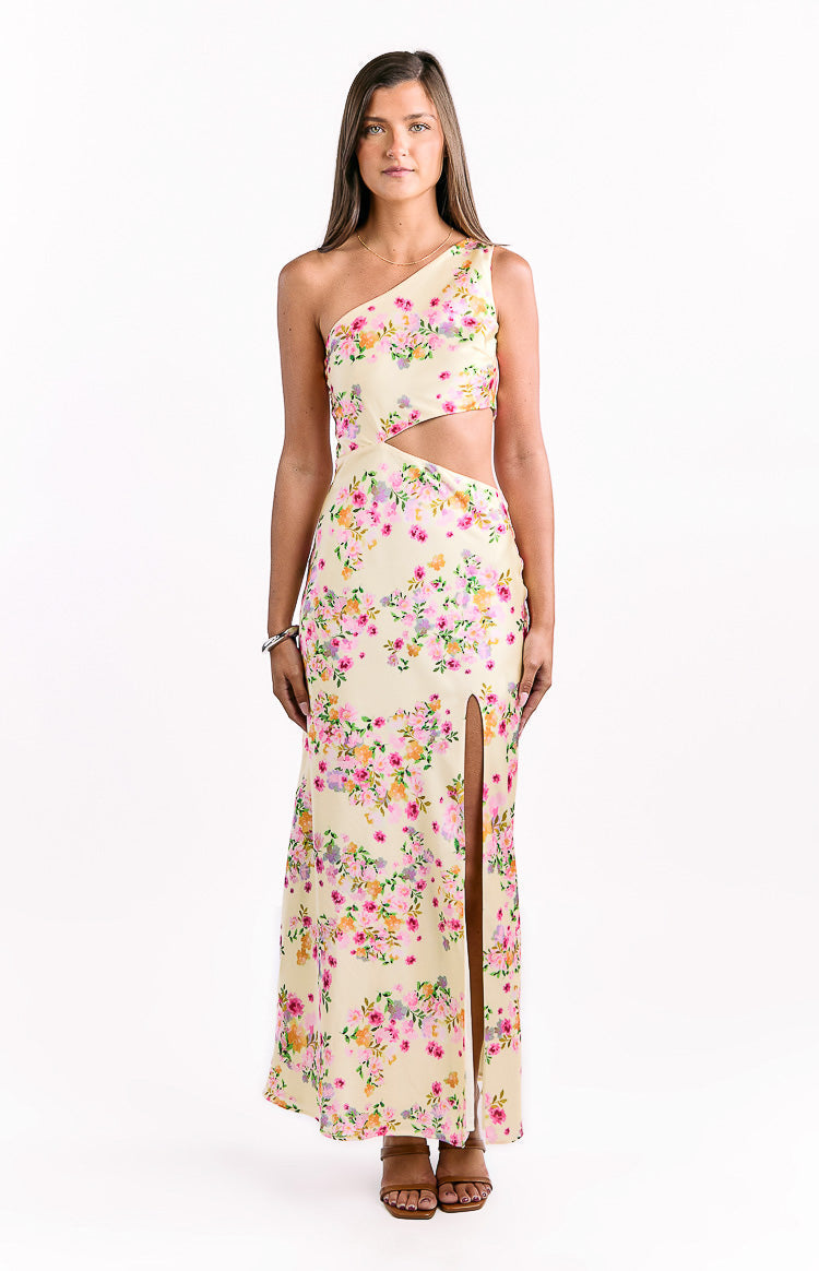 Mellick Yellow Bloom Satin Maxi Dress