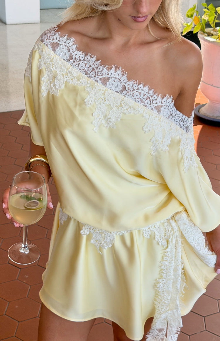 Otis Yellow Satin Lace Trim Party Mini Dress