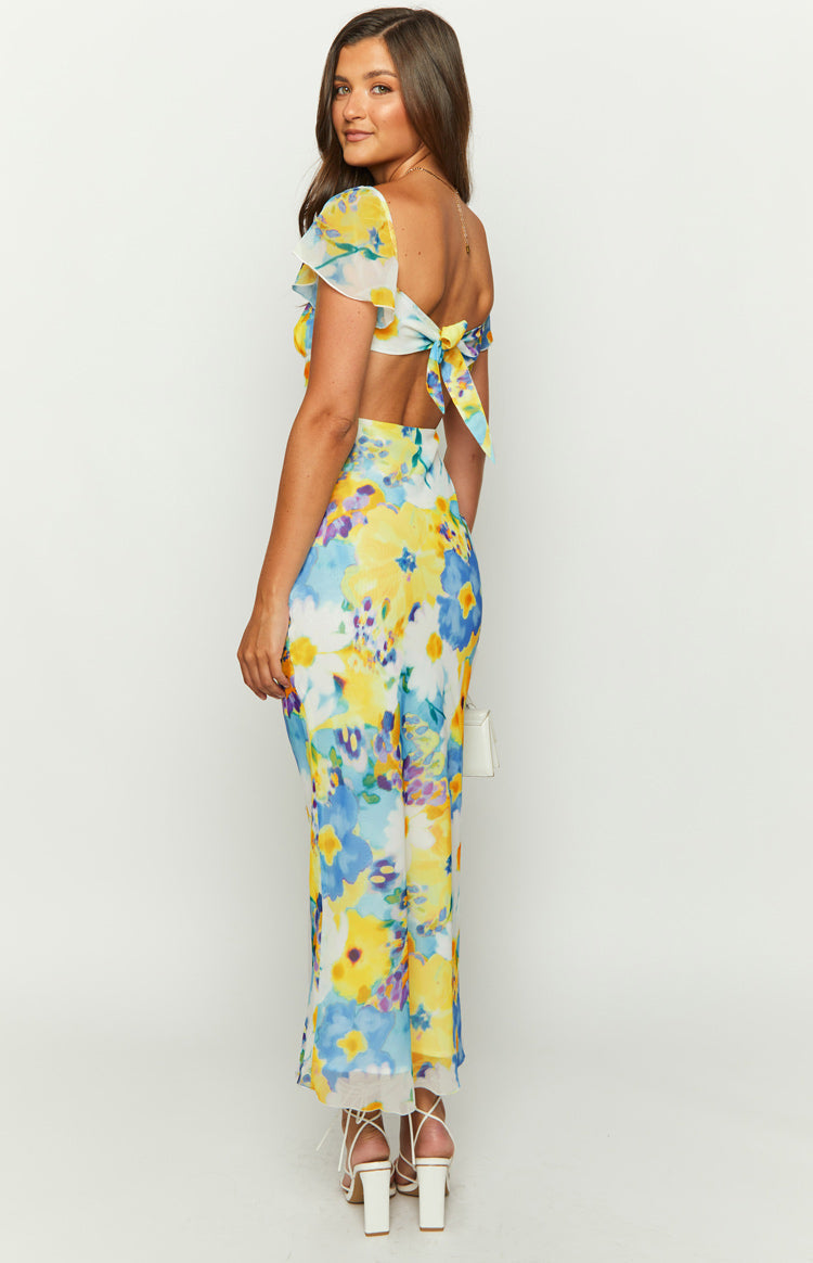Raymi Blue Floral Chiffon Maxi Dress