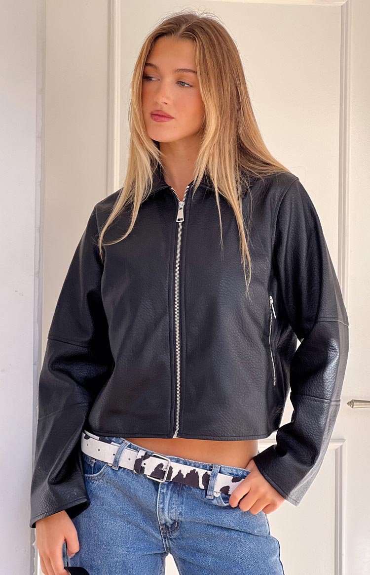 Rockie Black PU Pebbled Cropped Jacket