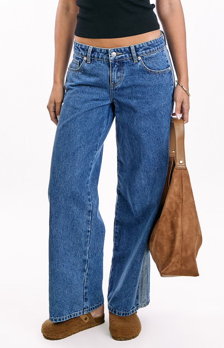Roonie Contrast Stripe Mid Wash Denim Low Rise Jeans